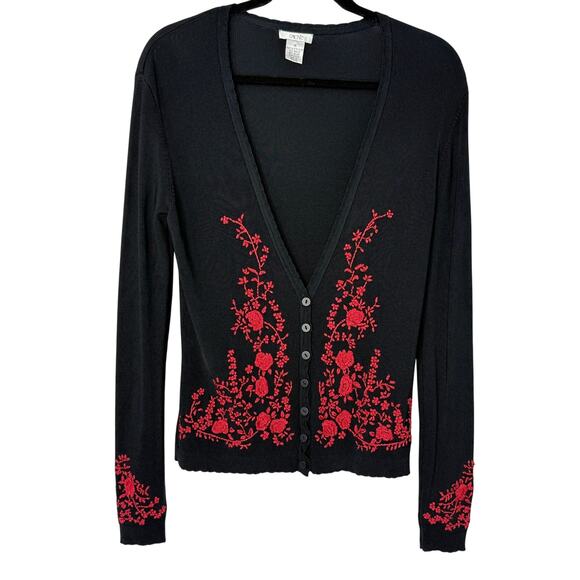 Cache Black Red Floral Embroidered Cardigan Women M Y2K Holidays Vintage - Picture 1 of 7